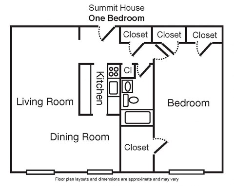 Floor plan for 1 bed, 1 bath